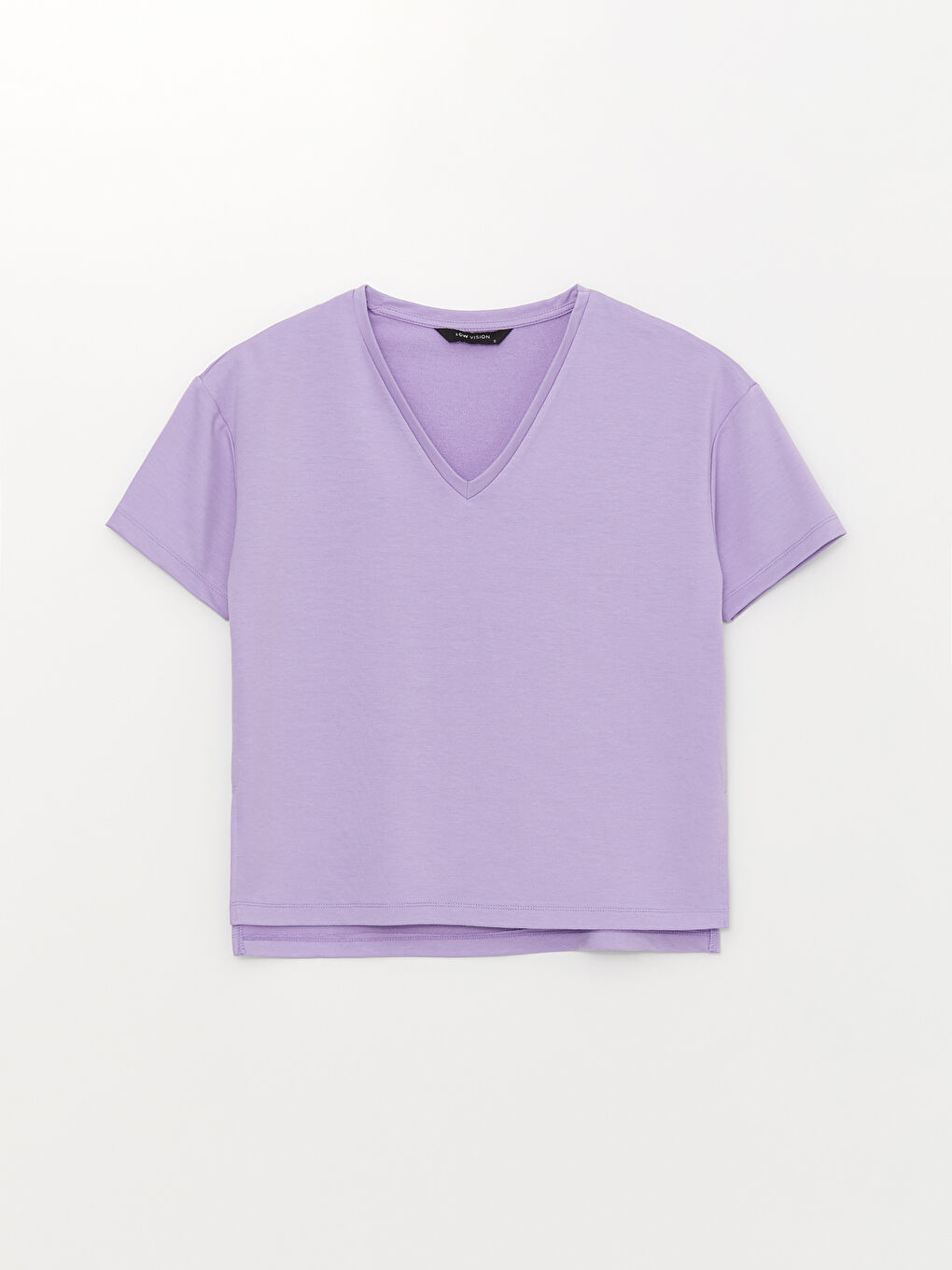 Lila V Yaka Düz Kısa Kollu Kadın Tişört-5