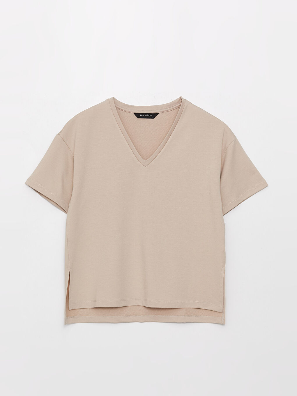 Gri V Yaka Düz Kısa Kollu Kadın Tişört-5
