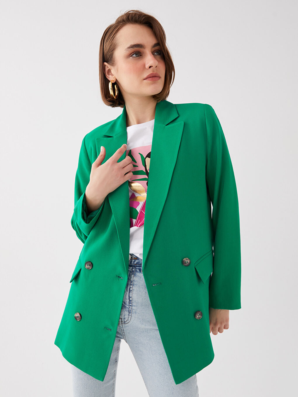 Yeşil Düz Uzun Kollu Kadın Blazer Ceket