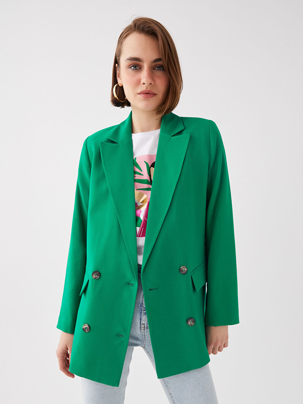 Yeşil Düz Uzun Kollu Kadın Blazer Ceket-1