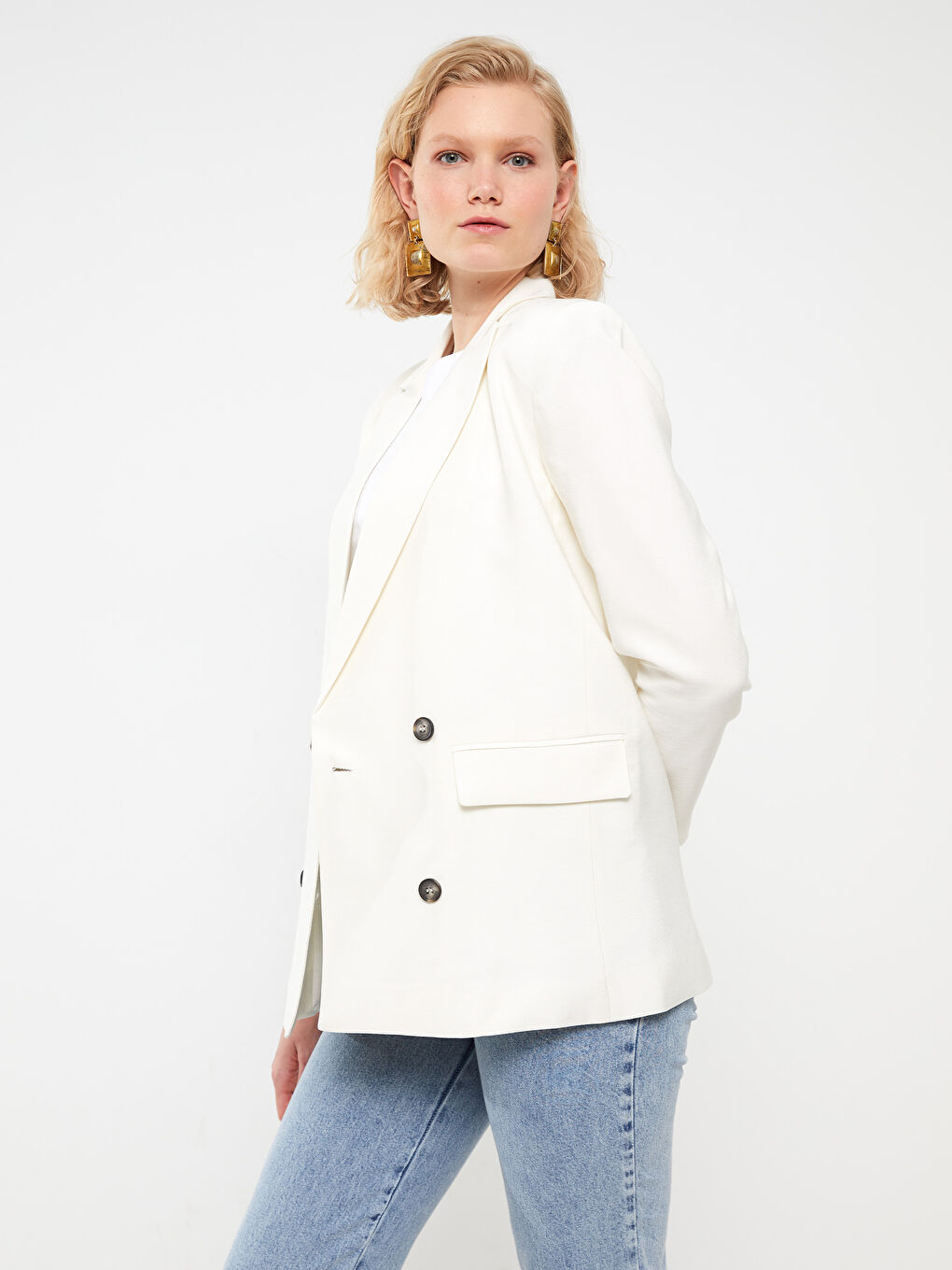 Ekru Düz Uzun Kollu Kadın Blazer Ceket