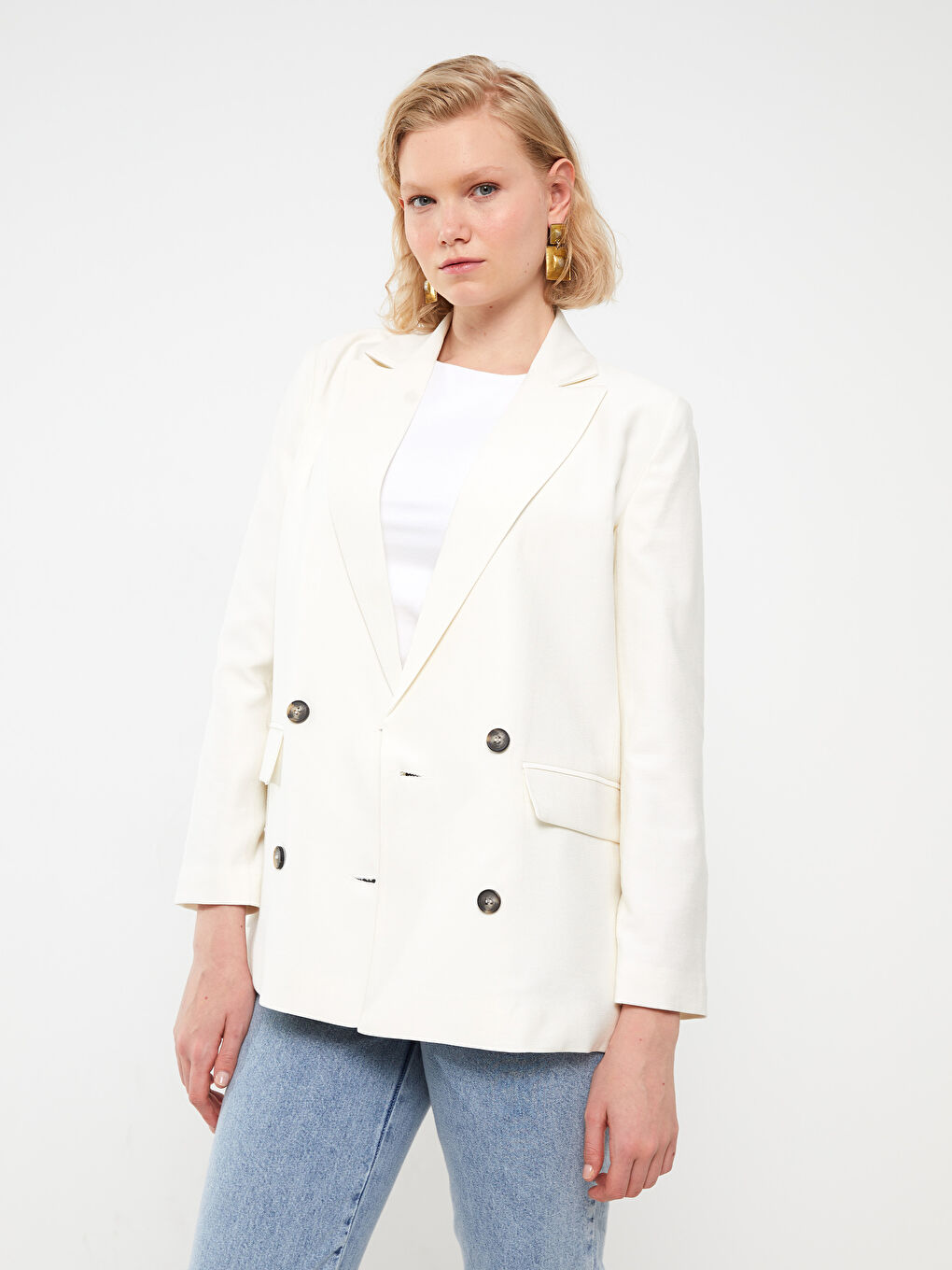 Ekru Düz Uzun Kollu Kadın Blazer Ceket-1