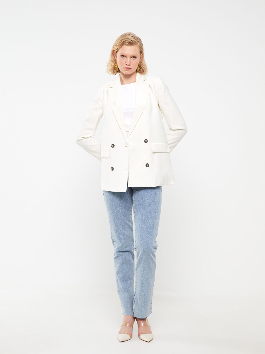Ekru Düz Uzun Kollu Kadın Blazer Ceket-2