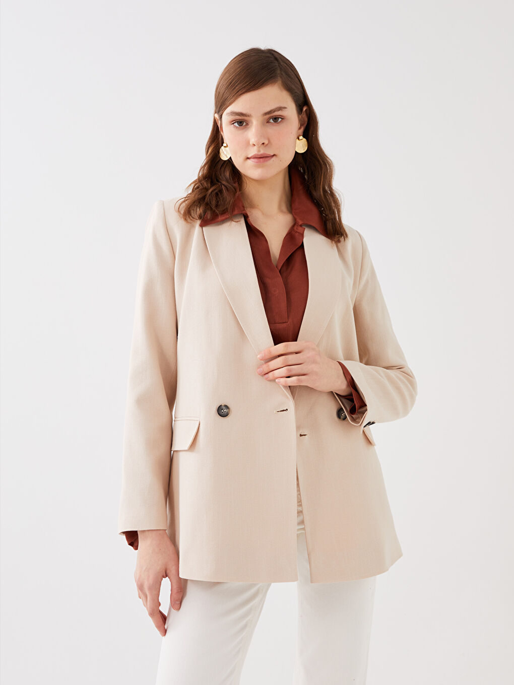 Bej Düz Uzun Kollu Keten Karışımlı Kadın Blazer Ceket