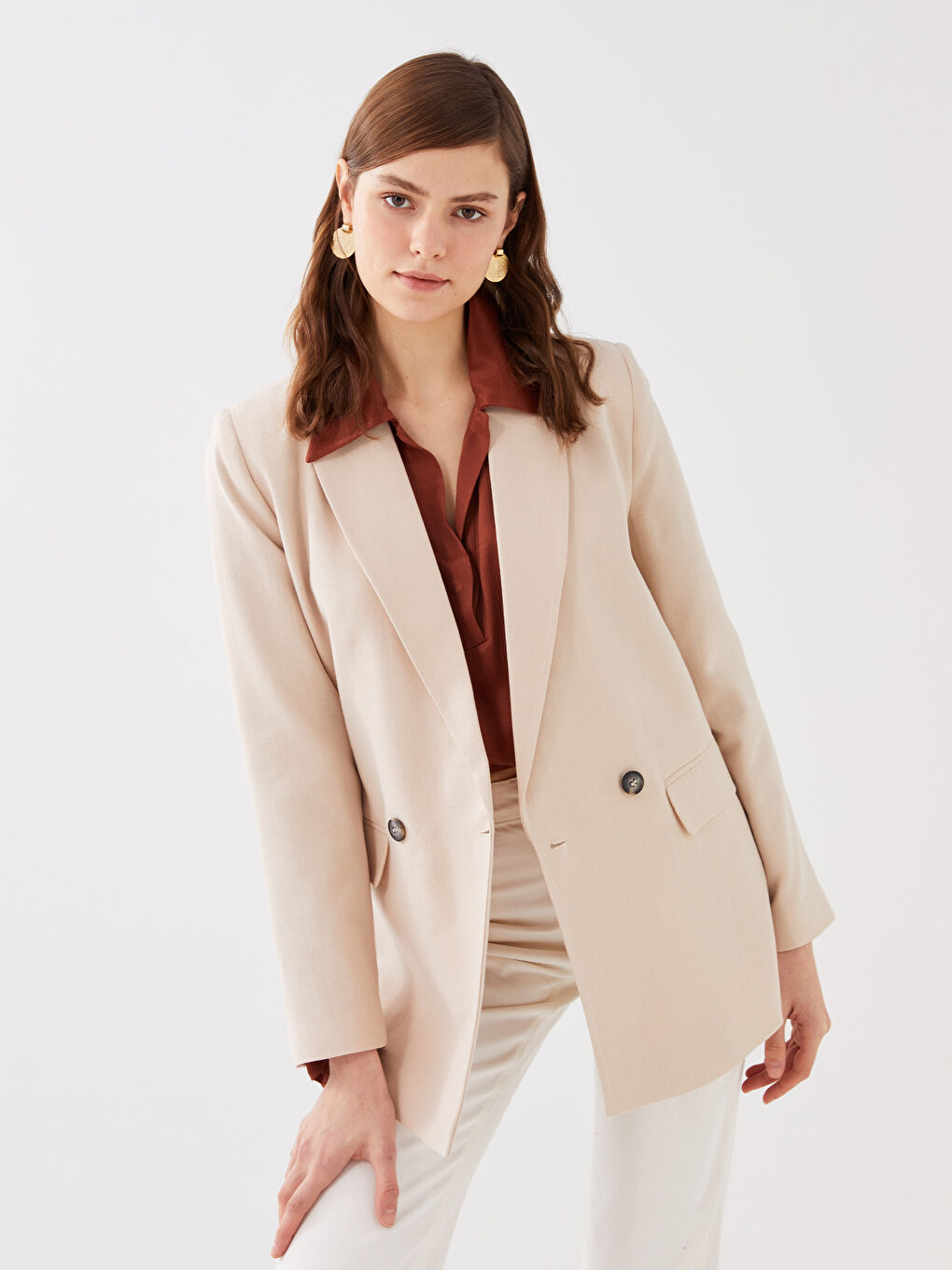 Bej Düz Uzun Kollu Keten Karışımlı Kadın Blazer Ceket-1