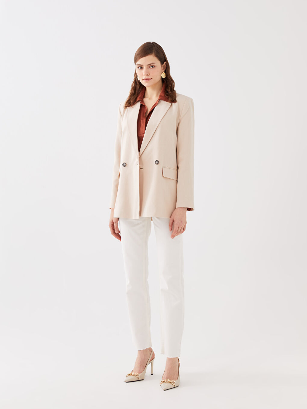 Bej Düz Uzun Kollu Keten Karışımlı Kadın Blazer Ceket-2