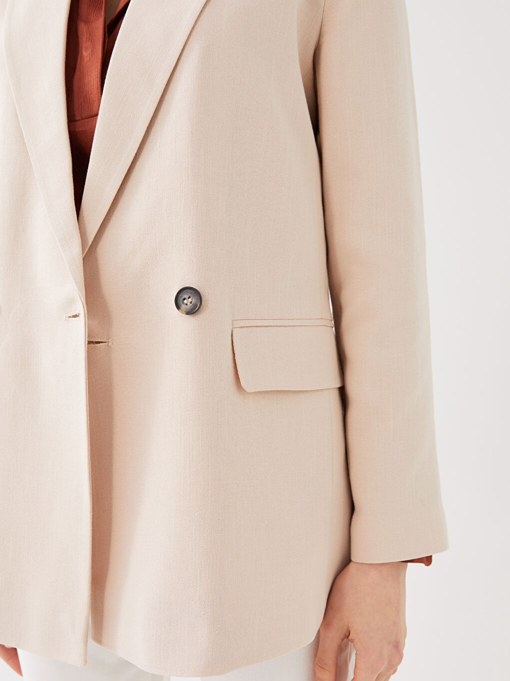 Bej Düz Uzun Kollu Keten Karışımlı Kadın Blazer Ceket-3