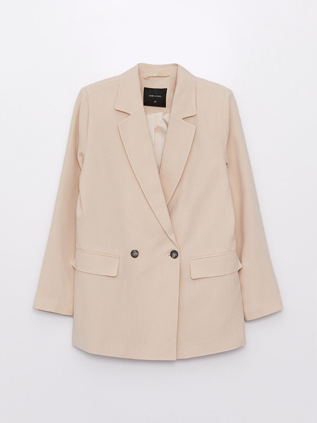 Bej Düz Uzun Kollu Keten Karışımlı Kadın Blazer Ceket-5