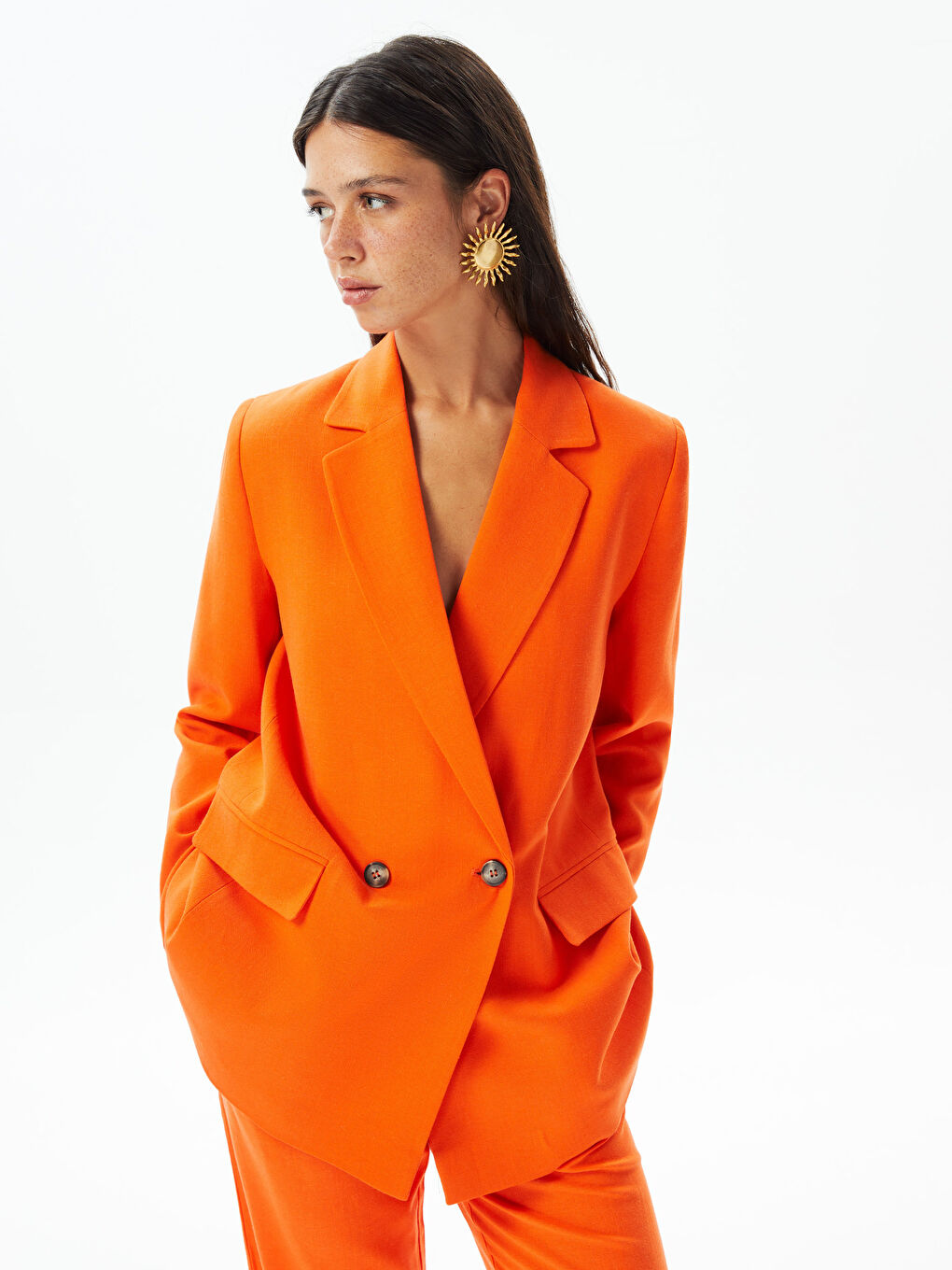 Turuncu Düz Uzun Kollu Keten Karışımlı Kadın Blazer Ceket