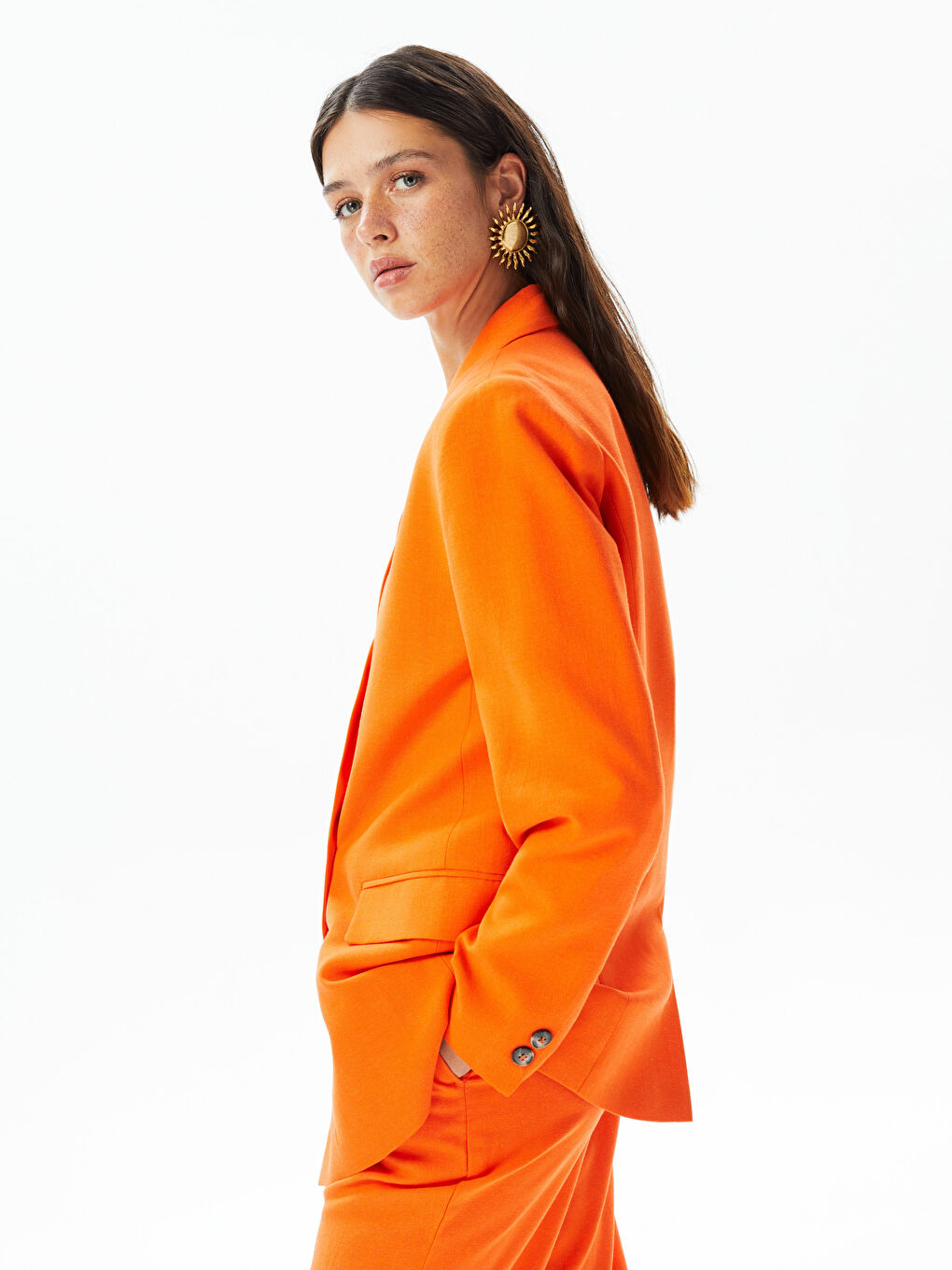 Turuncu Düz Uzun Kollu Keten Karışımlı Kadın Blazer Ceket-2