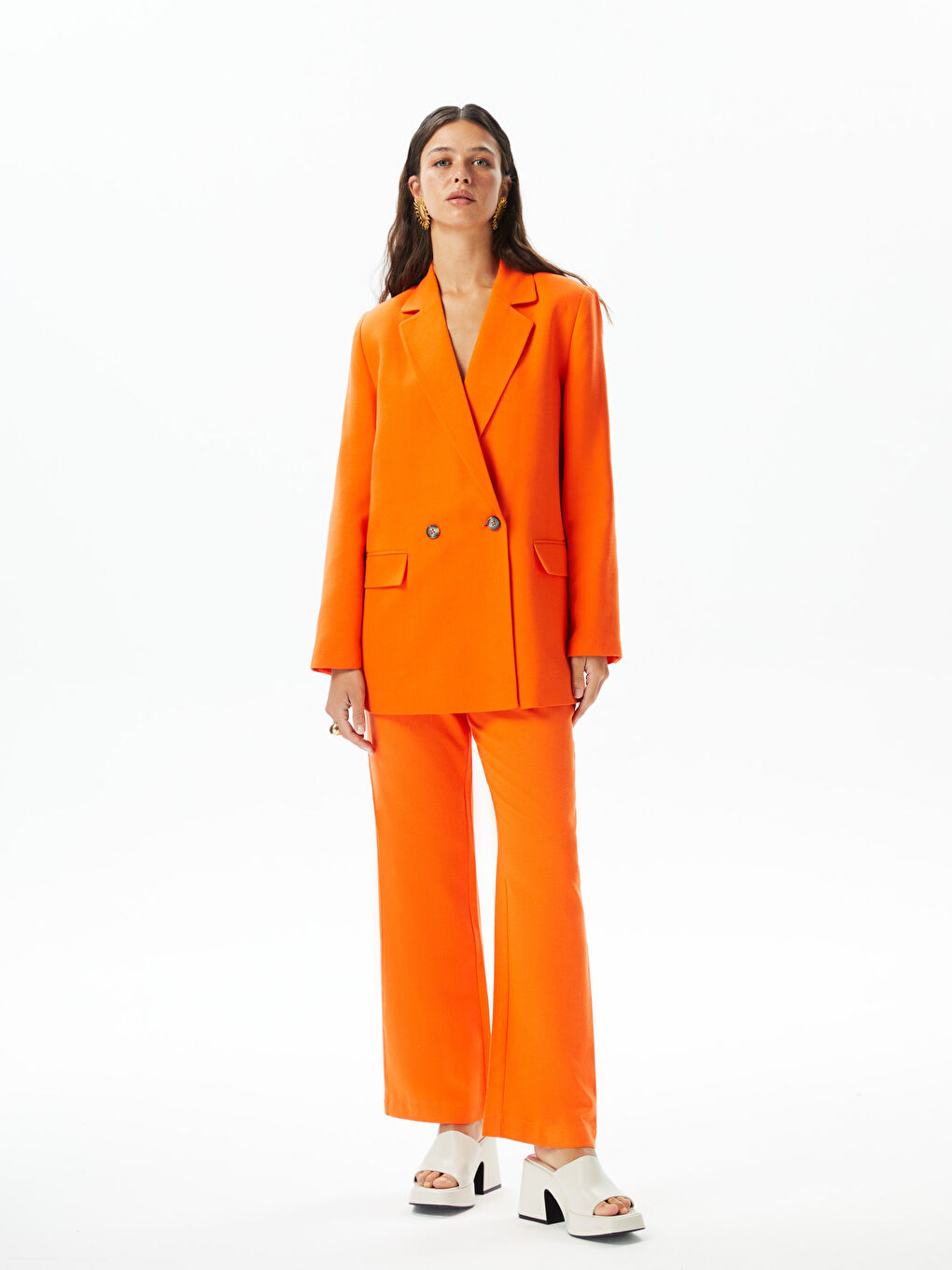 Turuncu Düz Uzun Kollu Keten Karışımlı Kadın Blazer Ceket-4