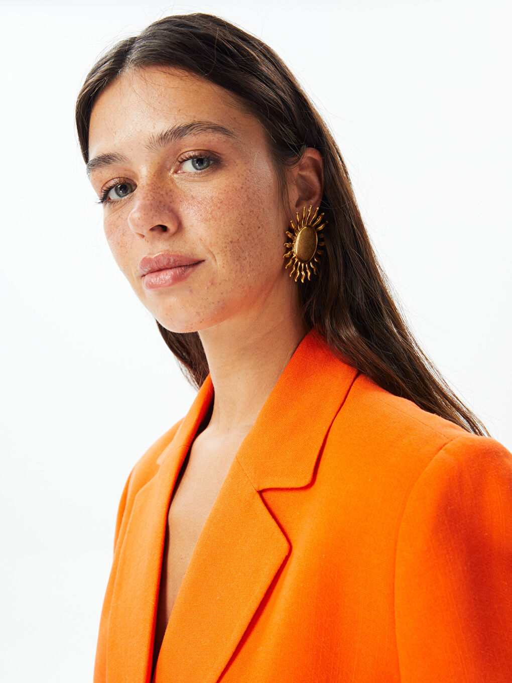 Turuncu Düz Uzun Kollu Keten Karışımlı Kadın Blazer Ceket-6