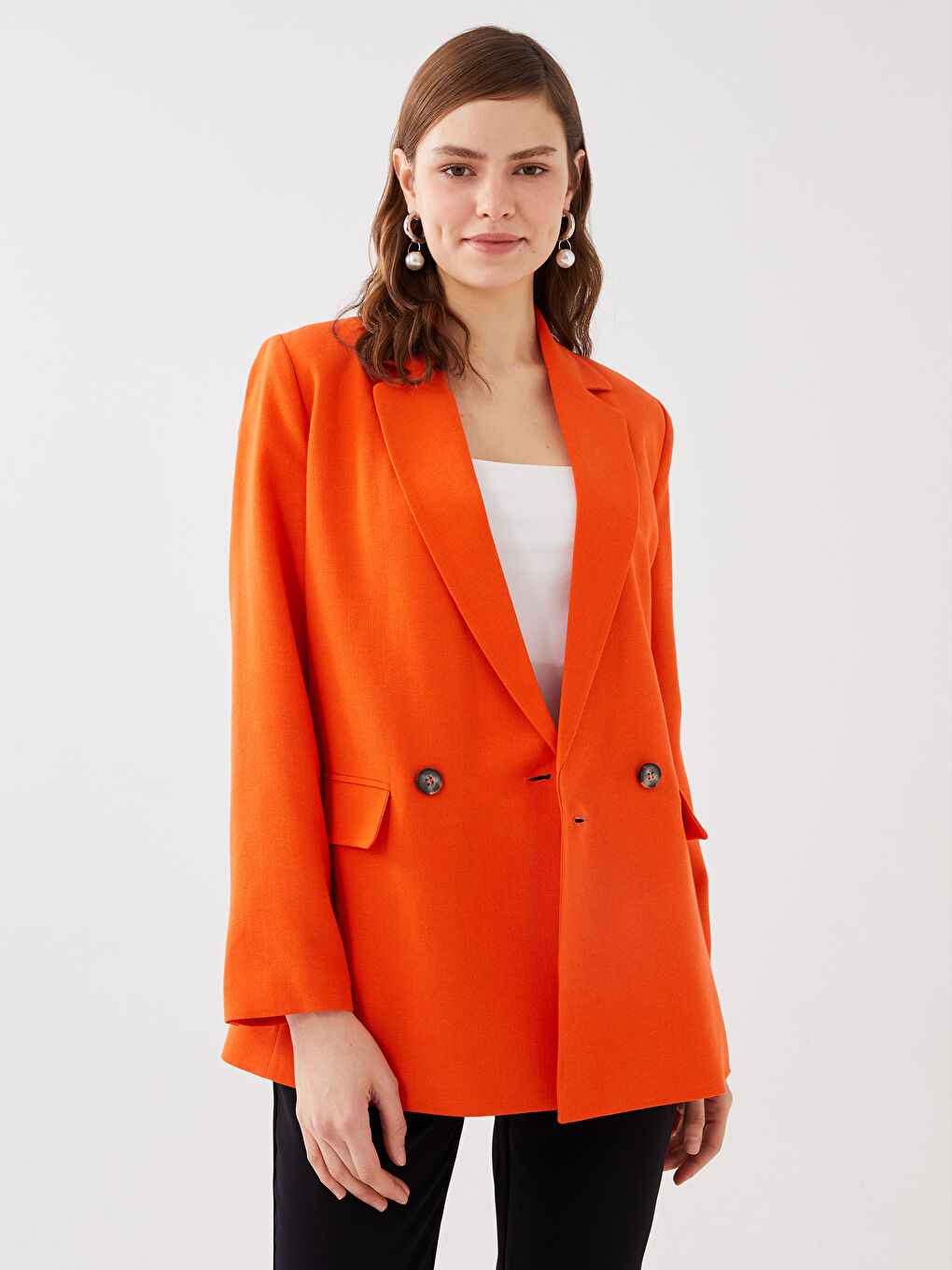 Turuncu Düz Uzun Kollu Keten Karışımlı Kadın Blazer Ceket-1