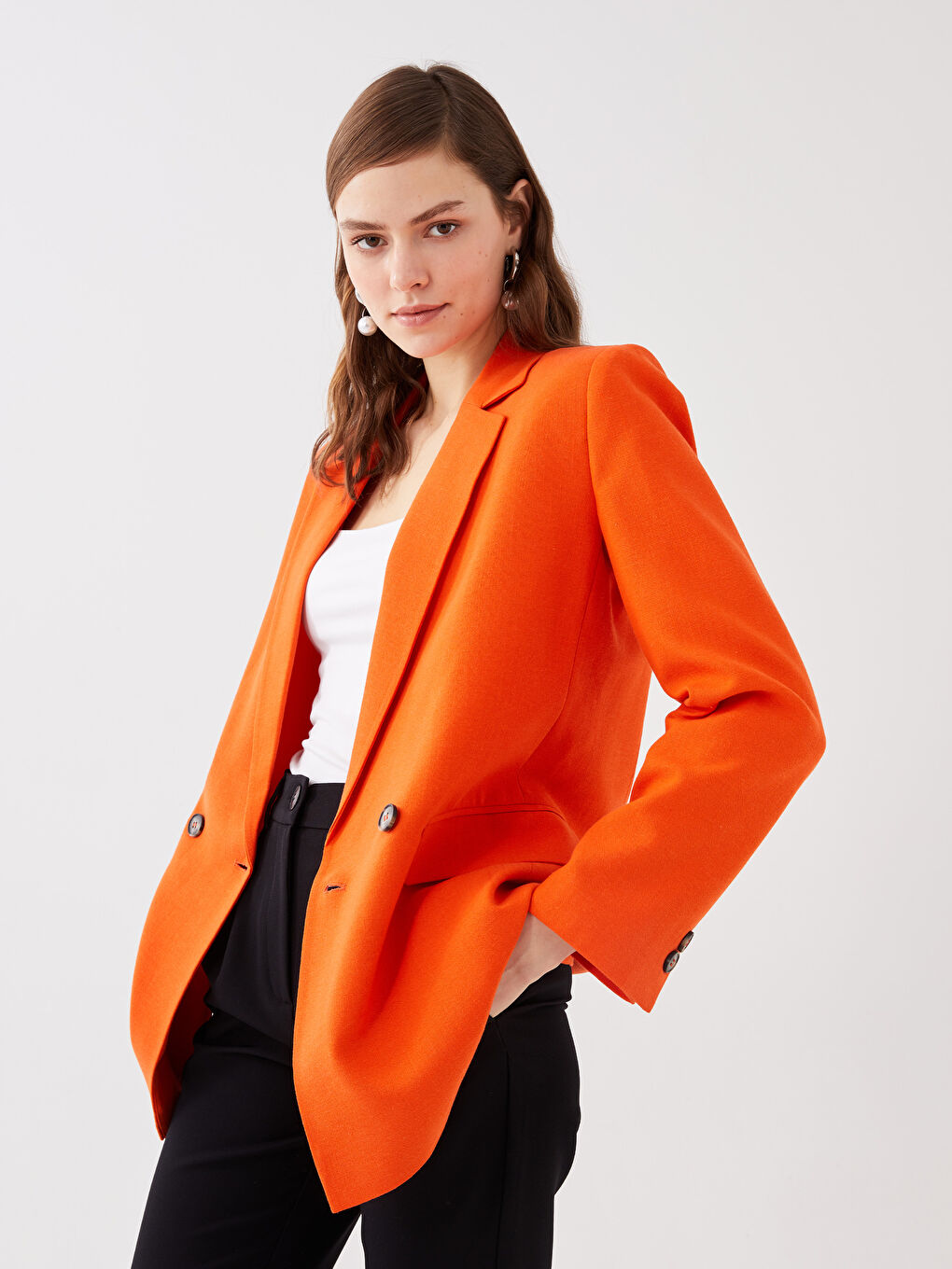 Turuncu Düz Uzun Kollu Keten Karışımlı Kadın Blazer Ceket-3
