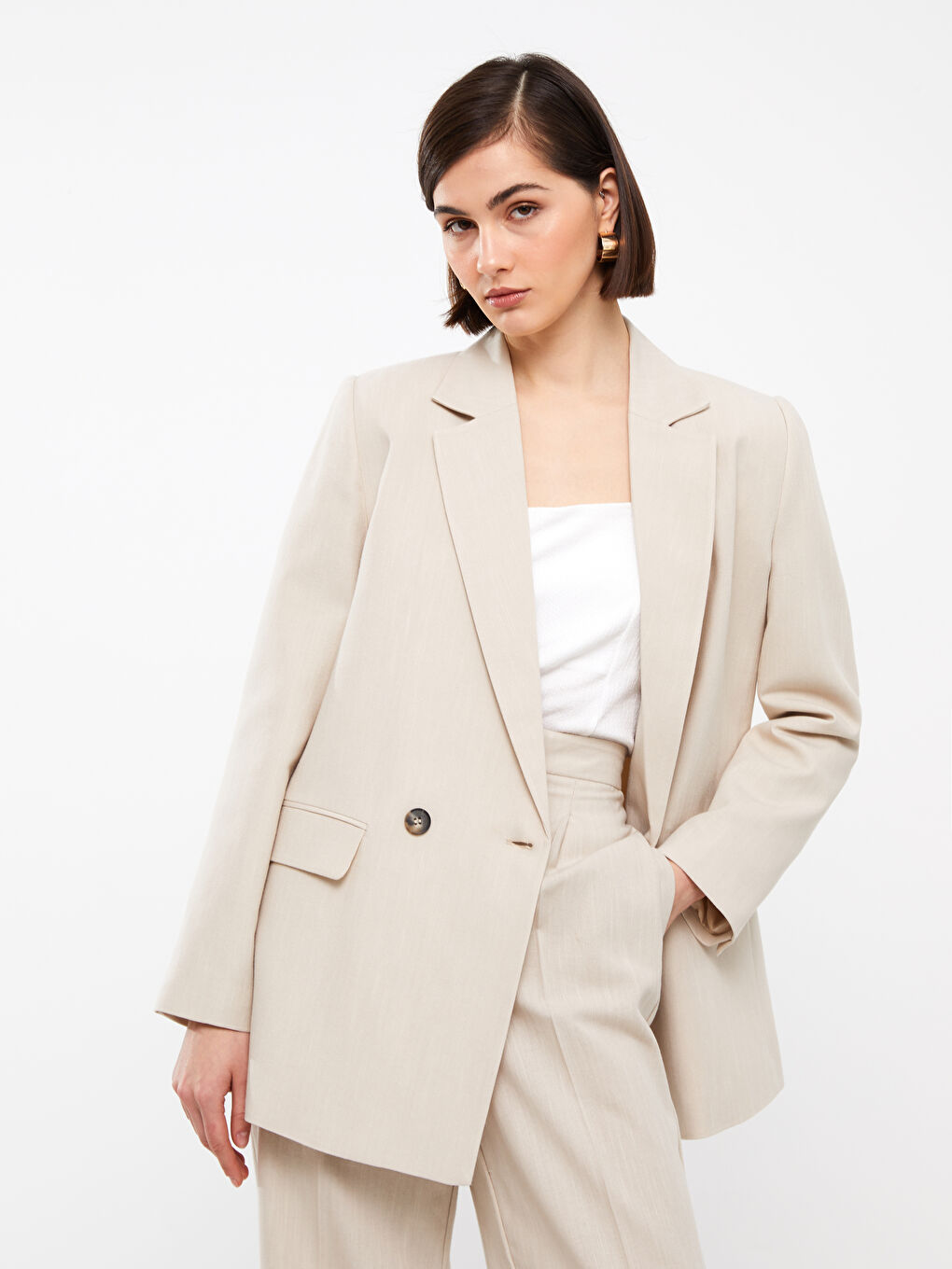 Plain Long Sleeve Linen Blend Women's Blazer Jacket-2