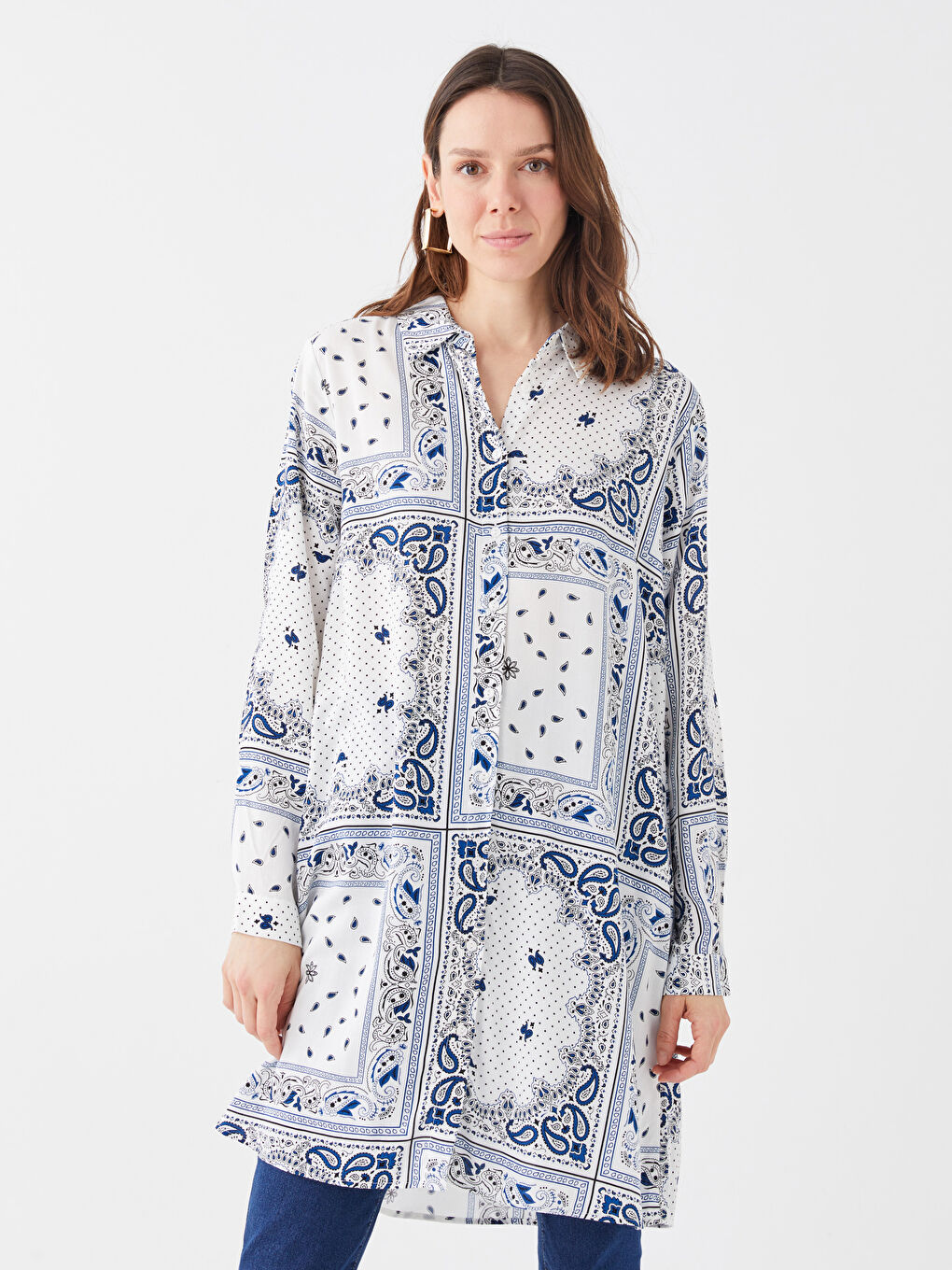 Ekru Desenli Kadın Gömlek Tunik