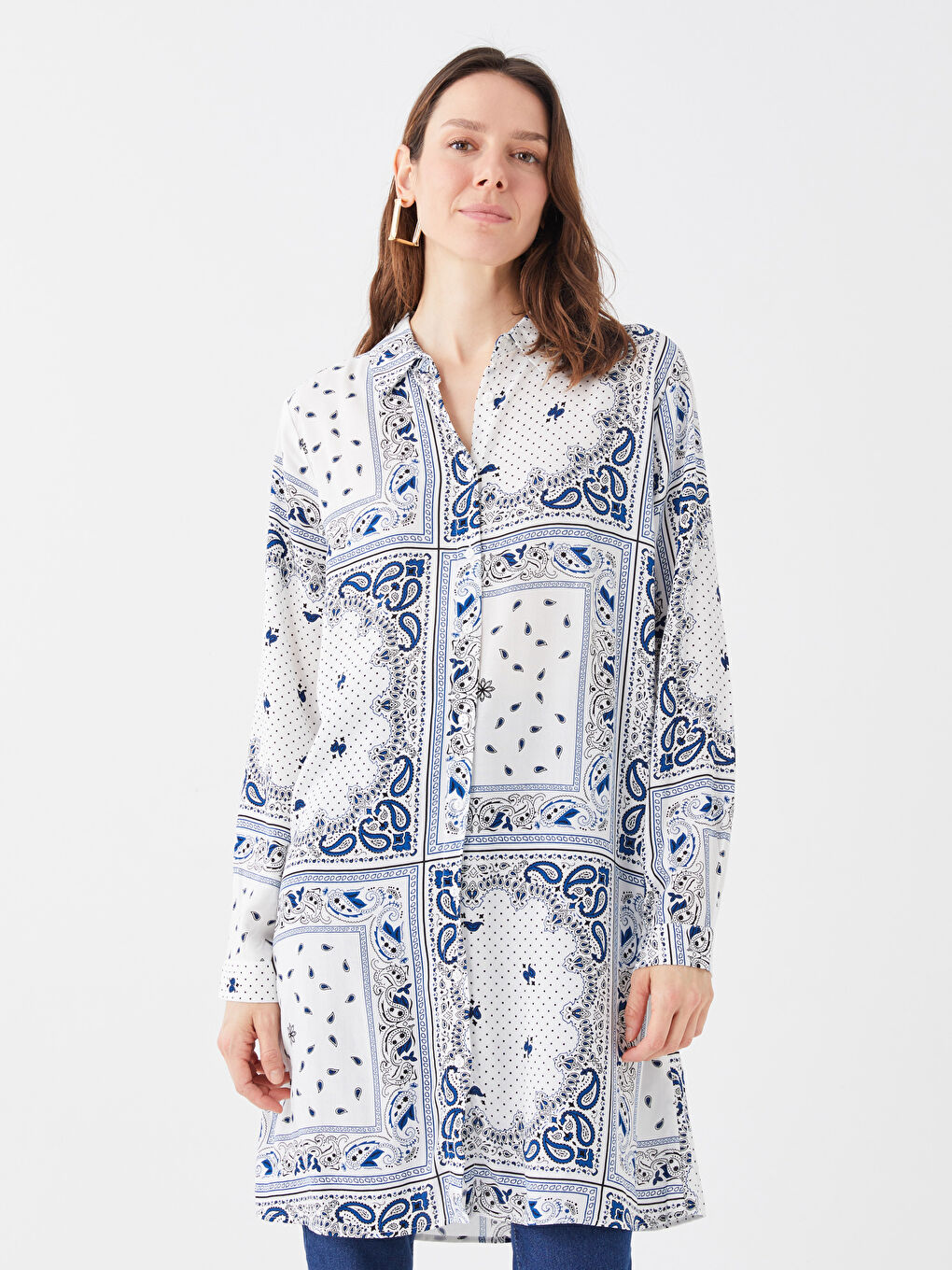 Ekru Desenli Kadın Gömlek Tunik-1