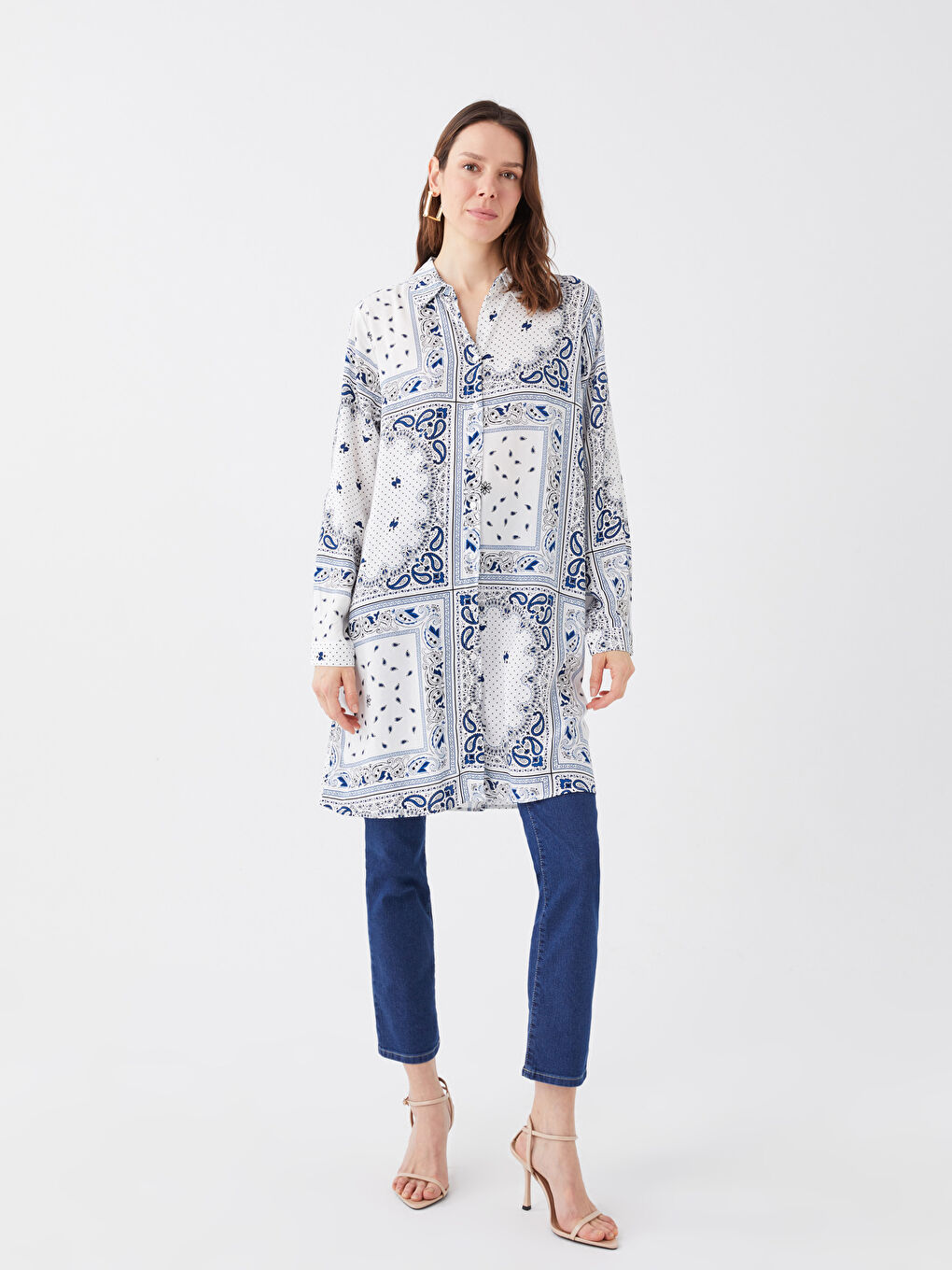 Ekru Desenli Kadın Gömlek Tunik-2