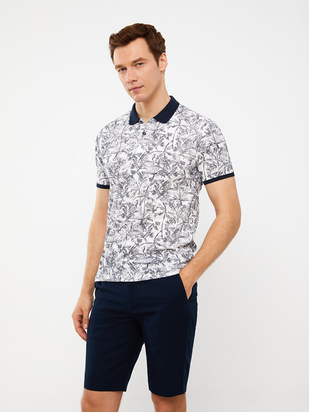 Lacivert Polo Yaka Kısa Kollu Desenli Pike Erkek Tişört-1