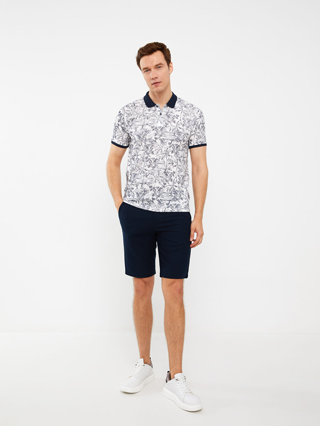 Lacivert Polo Yaka Kısa Kollu Desenli Pike Erkek Tişört-2