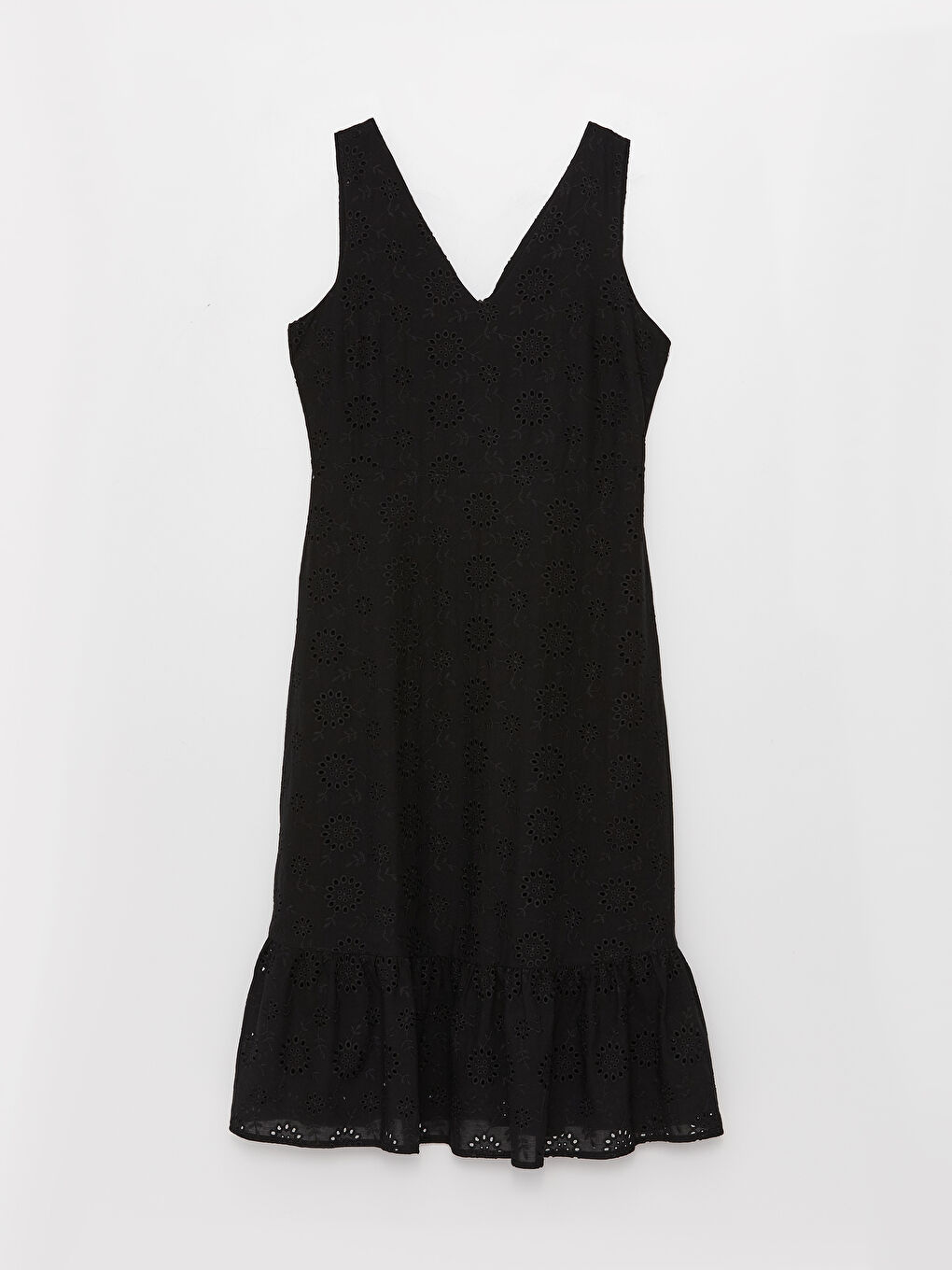 Siyah V Yaka Kendinden Desenli Brode Kadın Elbise-5