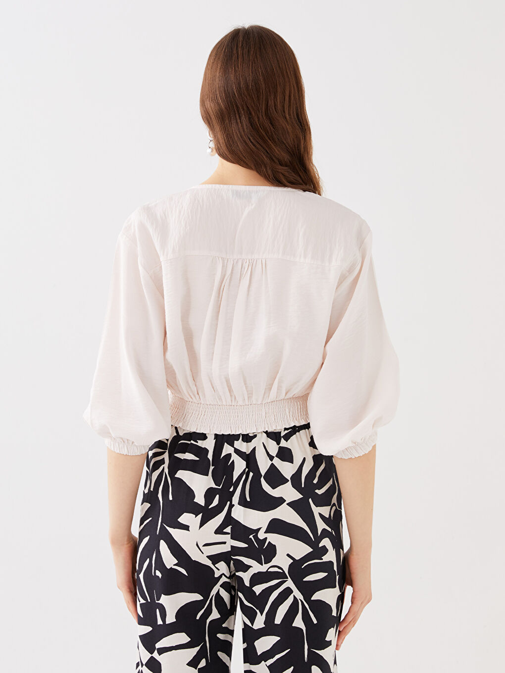Women's V-Neck Straight Long Sleeve Blouse-4