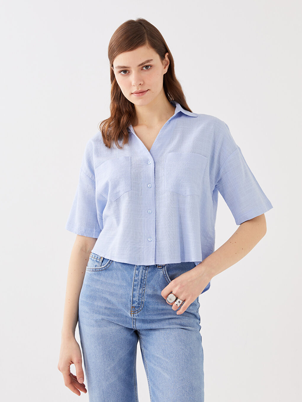 Chemise Coupe Courte à Motifs Manches Courtes pour Femmes-1