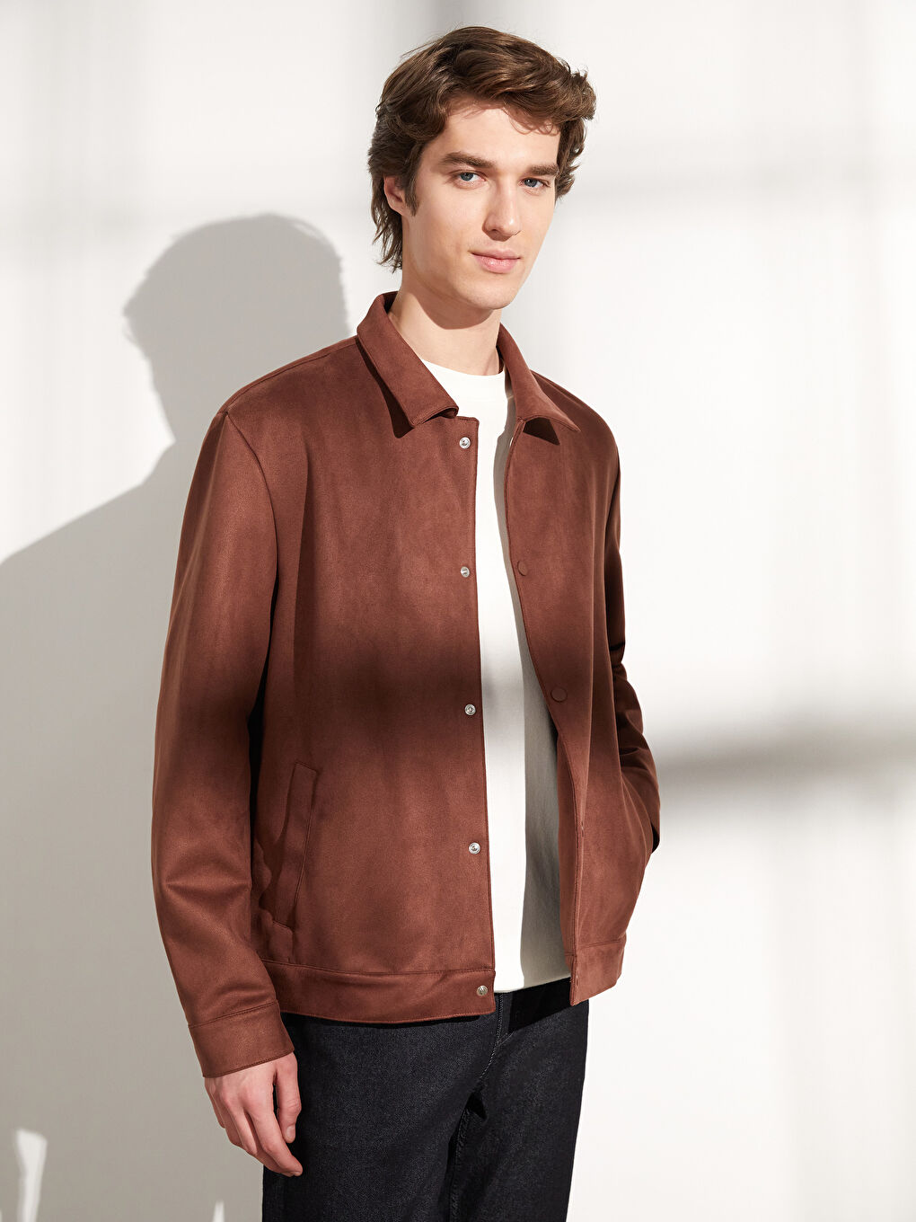 Regular Fit Collared Neck Suede Men's Jacket