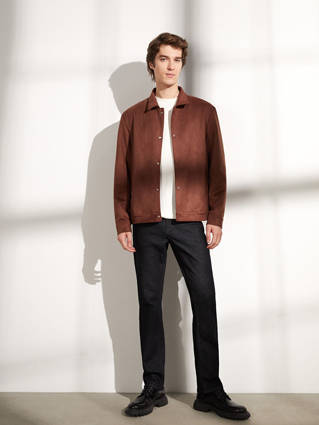 Regular Fit Collared Neck Suede Men's Jacket-2