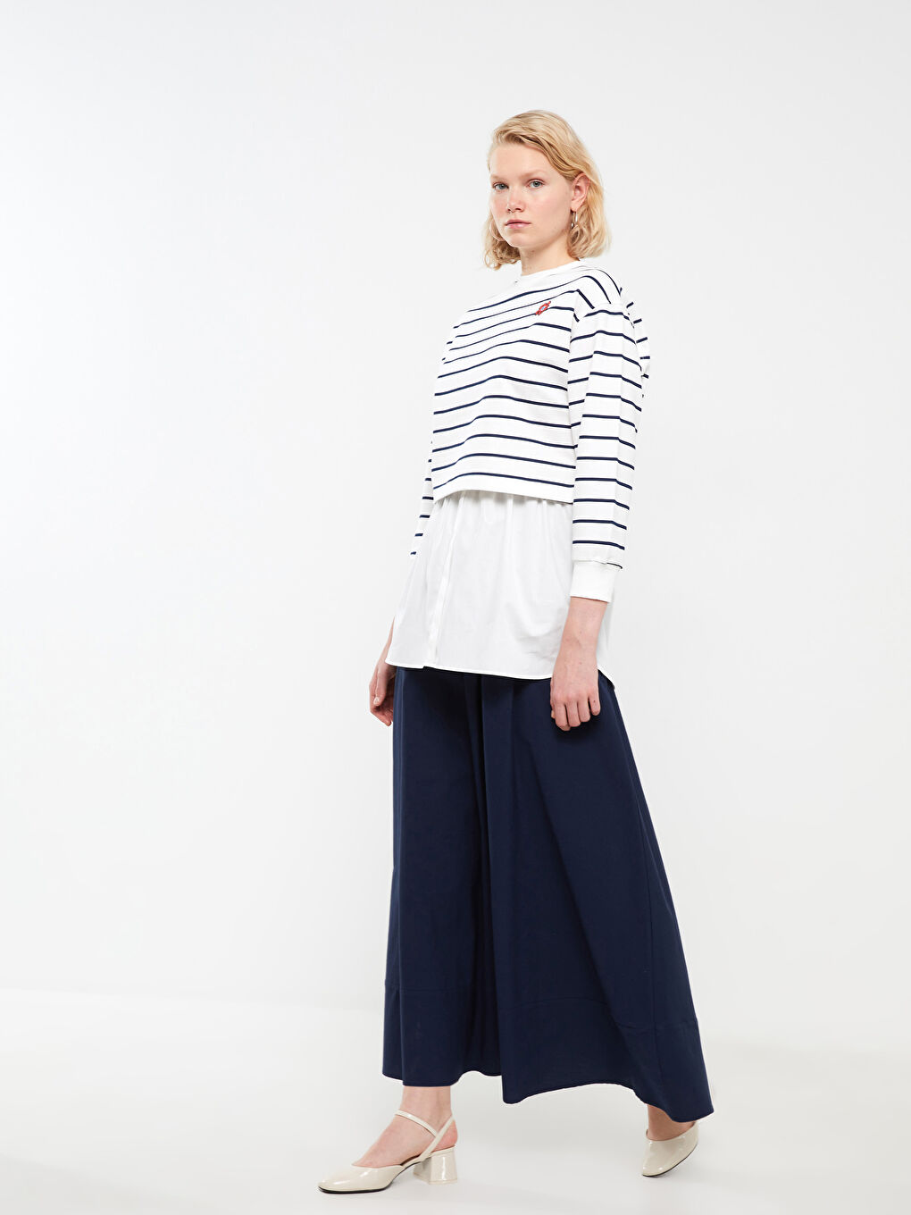 Lacivert Beli Lastikli Rahat Kalıp Kadın Etek-1