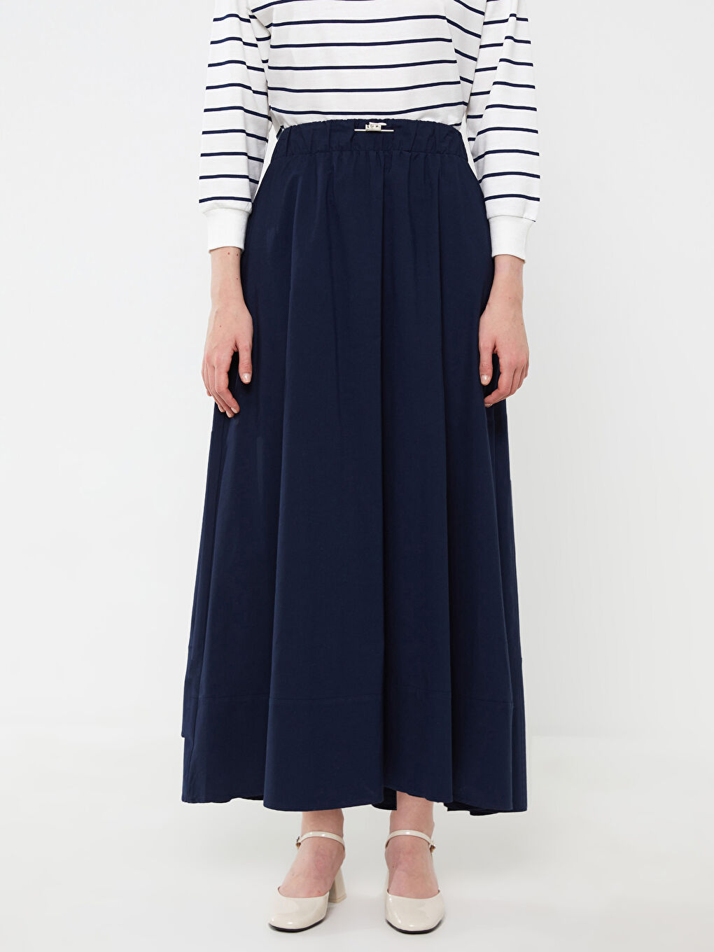 Lacivert Beli Lastikli Rahat Kalıp Kadın Etek-3