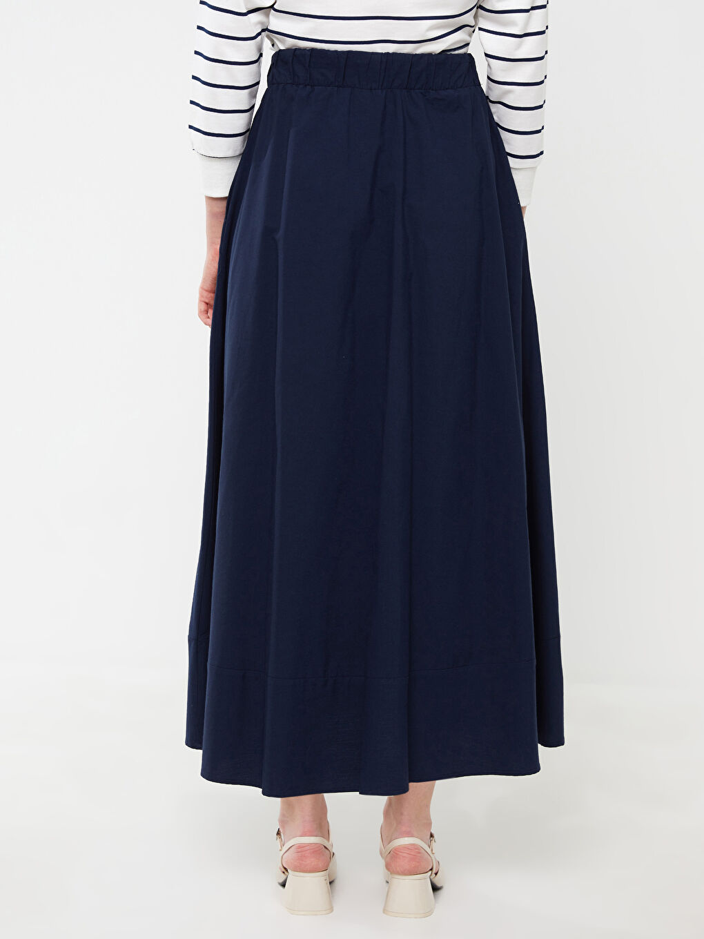 Lacivert Beli Lastikli Rahat Kalıp Kadın Etek-4