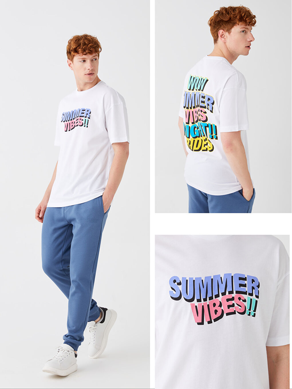 Beyaz Bisiklet Yaka Kısa Kollu Baskılı Penye Erkek Tişört