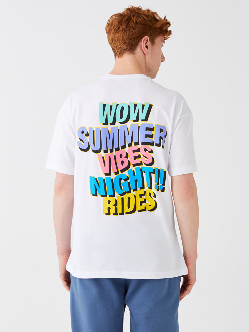 Beyaz Bisiklet Yaka Kısa Kollu Baskılı Penye Erkek Tişört-5