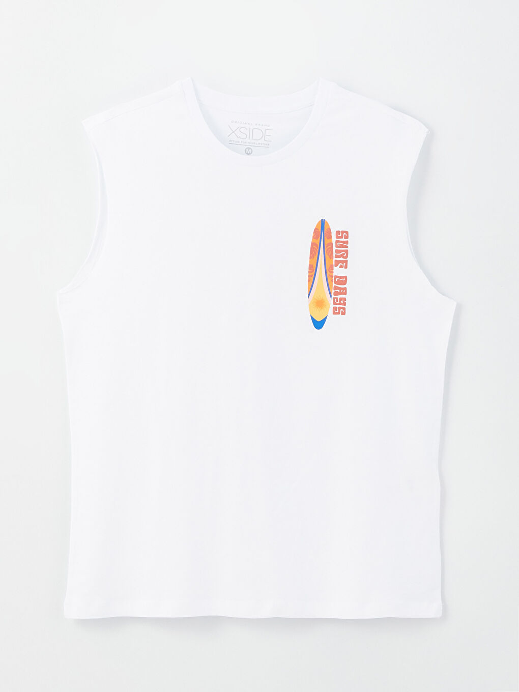 Beyaz Bisiklet Yaka Baskılı Erkek Kolsuz Tişört-5