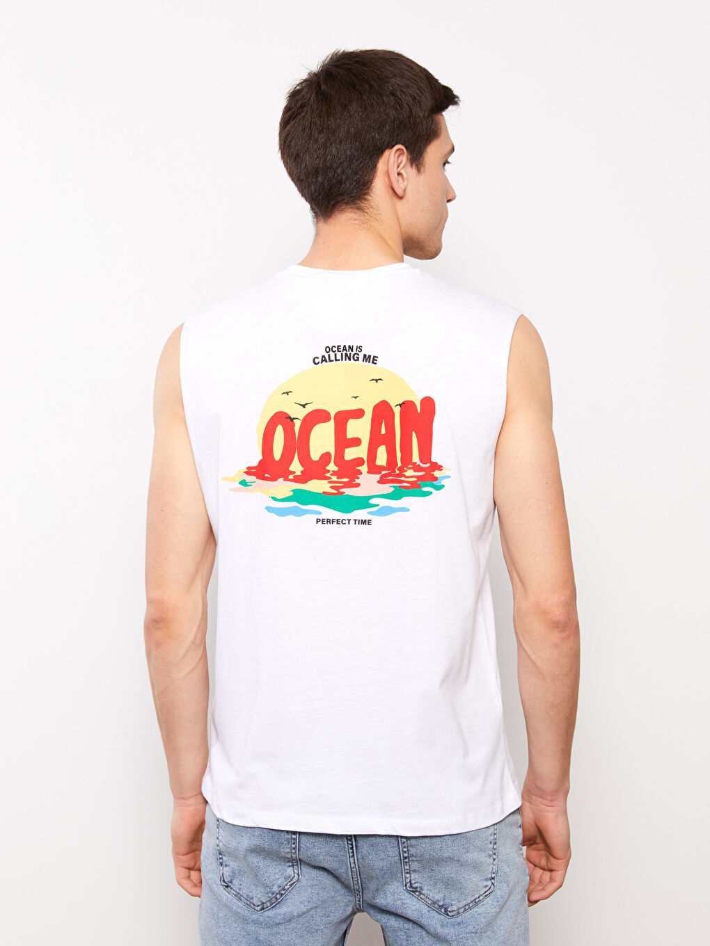 Beyaz Bisiklet Yaka Baskılı Penye Erkek Kolsuz Tişört-4