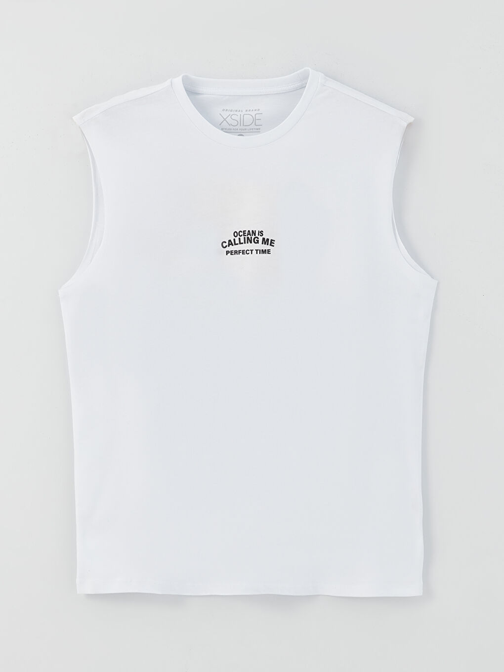 Beyaz Bisiklet Yaka Baskılı Penye Erkek Kolsuz Tişört-5