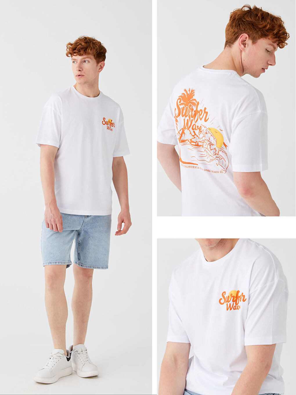 Beyaz Bisiklet Yaka Kısa Kollu Baskılı Penye Erkek Tişört-5