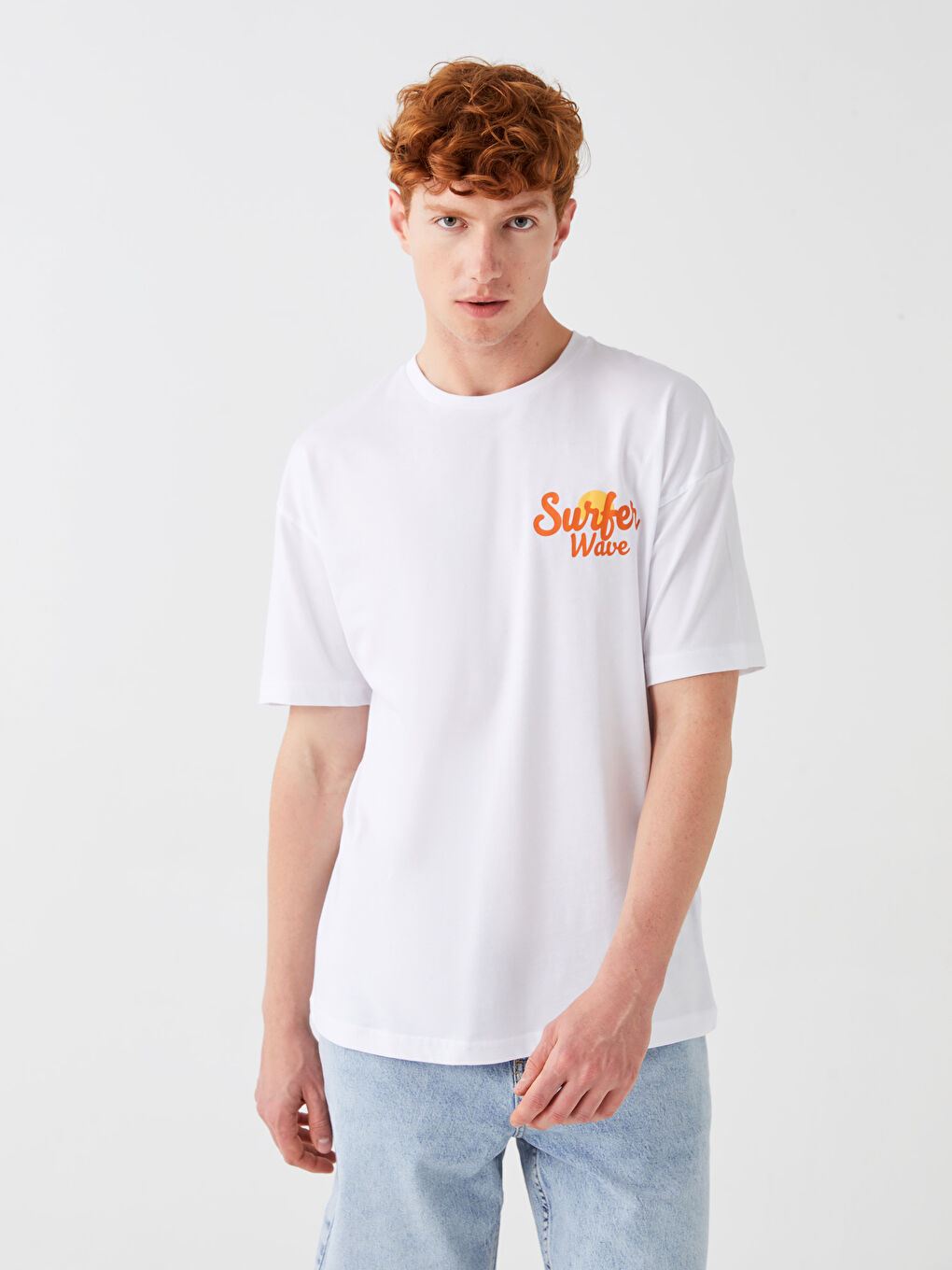 Beyaz Bisiklet Yaka Kısa Kollu Baskılı Penye Erkek Tişört-6