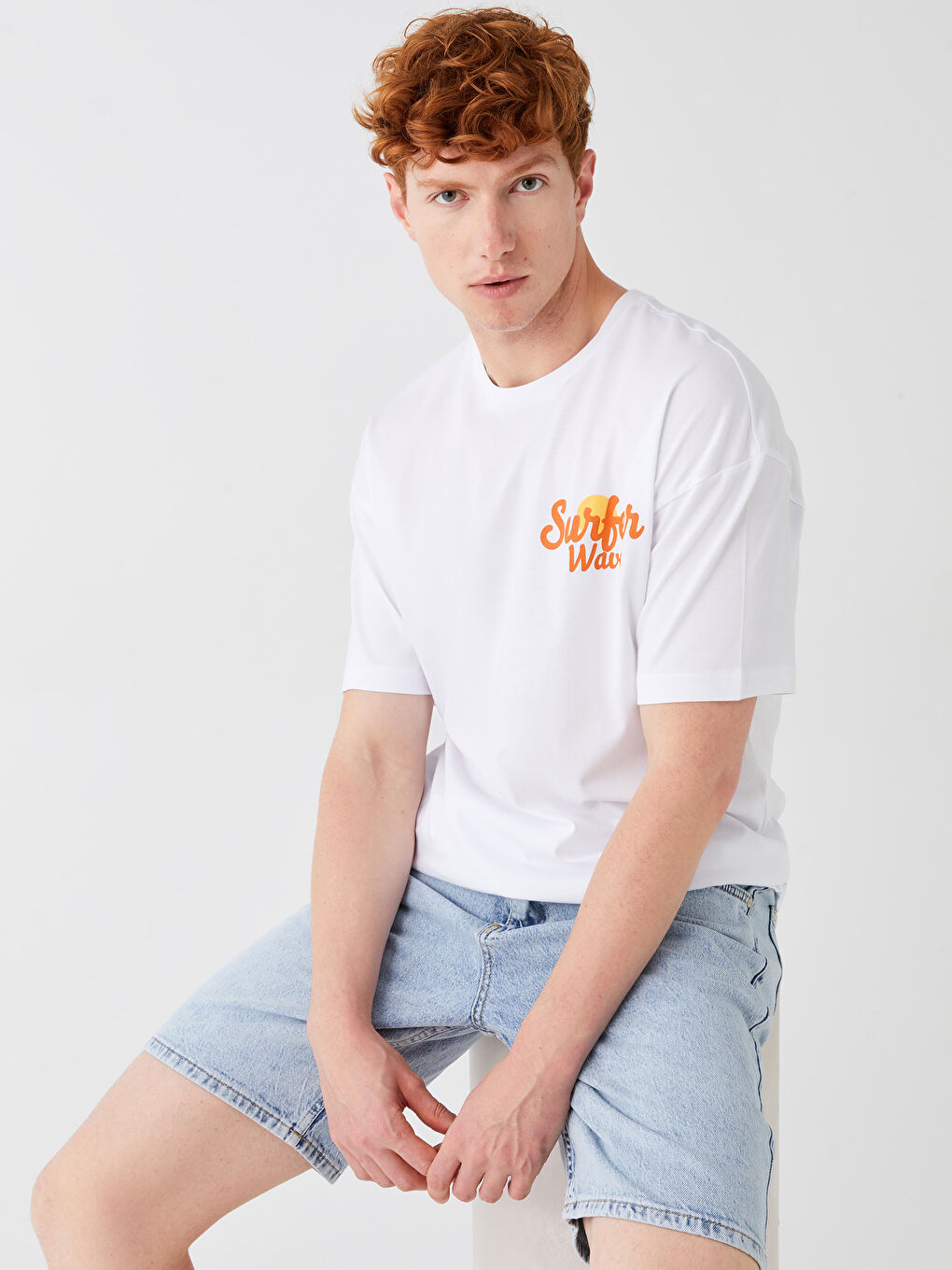 Beyaz Bisiklet Yaka Kısa Kollu Baskılı Penye Erkek Tişört-7