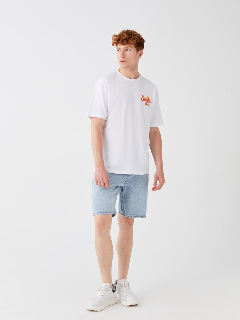 Beyaz Bisiklet Yaka Kısa Kollu Baskılı Penye Erkek Tişört-8
