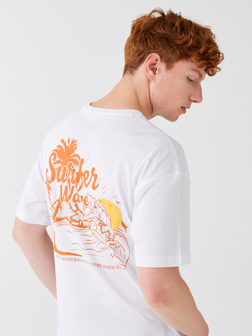 Beyaz Bisiklet Yaka Kısa Kollu Baskılı Penye Erkek Tişört-9