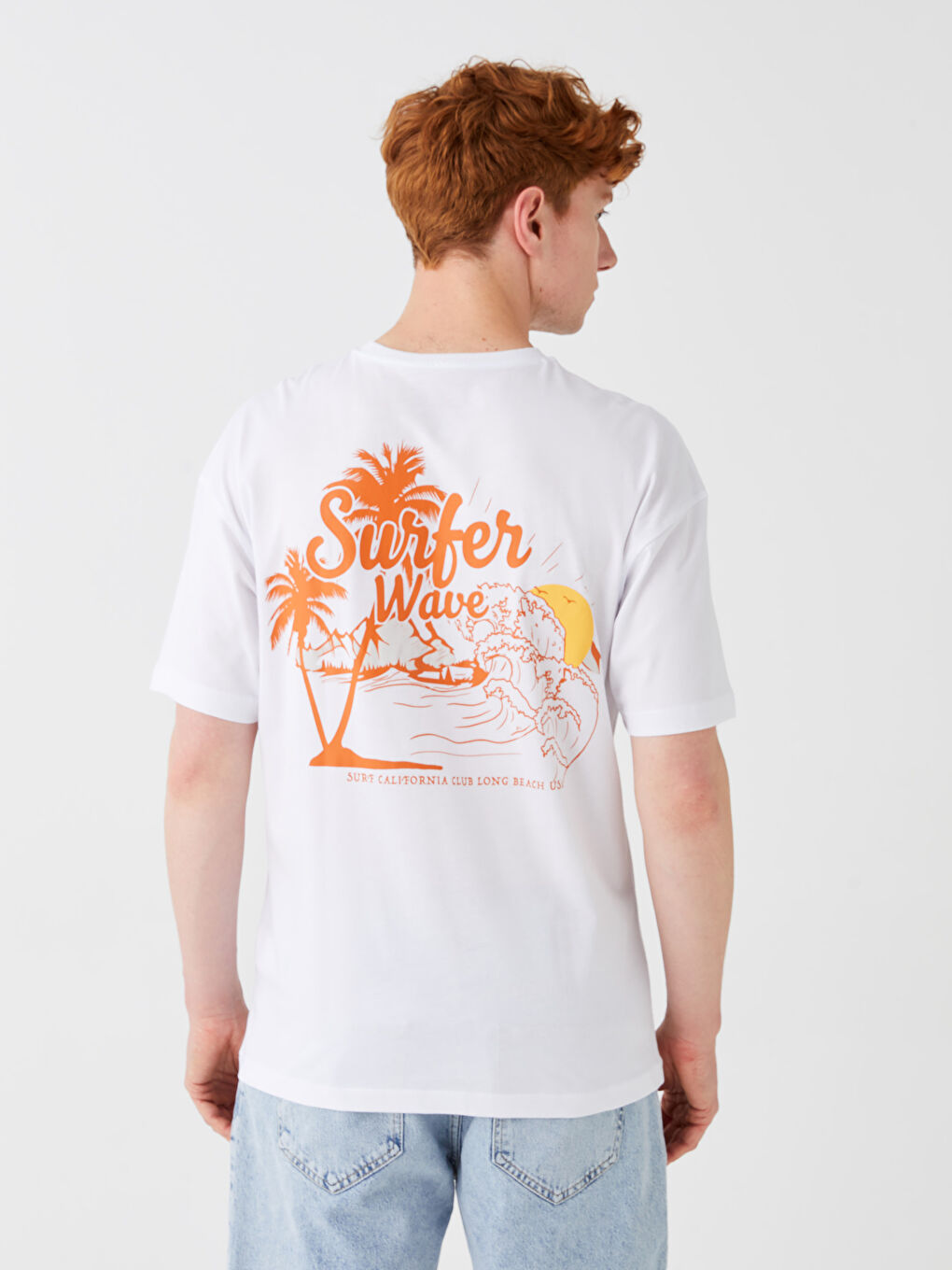 Beyaz Bisiklet Yaka Kısa Kollu Baskılı Penye Erkek Tişört-10