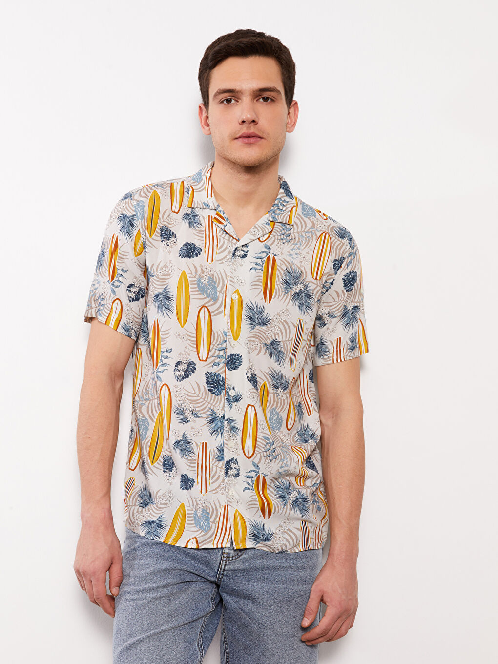 3色 コットン モノグラム プリント半袖 クルーネック カジュアル XSIDE Regular Fit Short Sleeve Patterned Viscose Men's Shirt