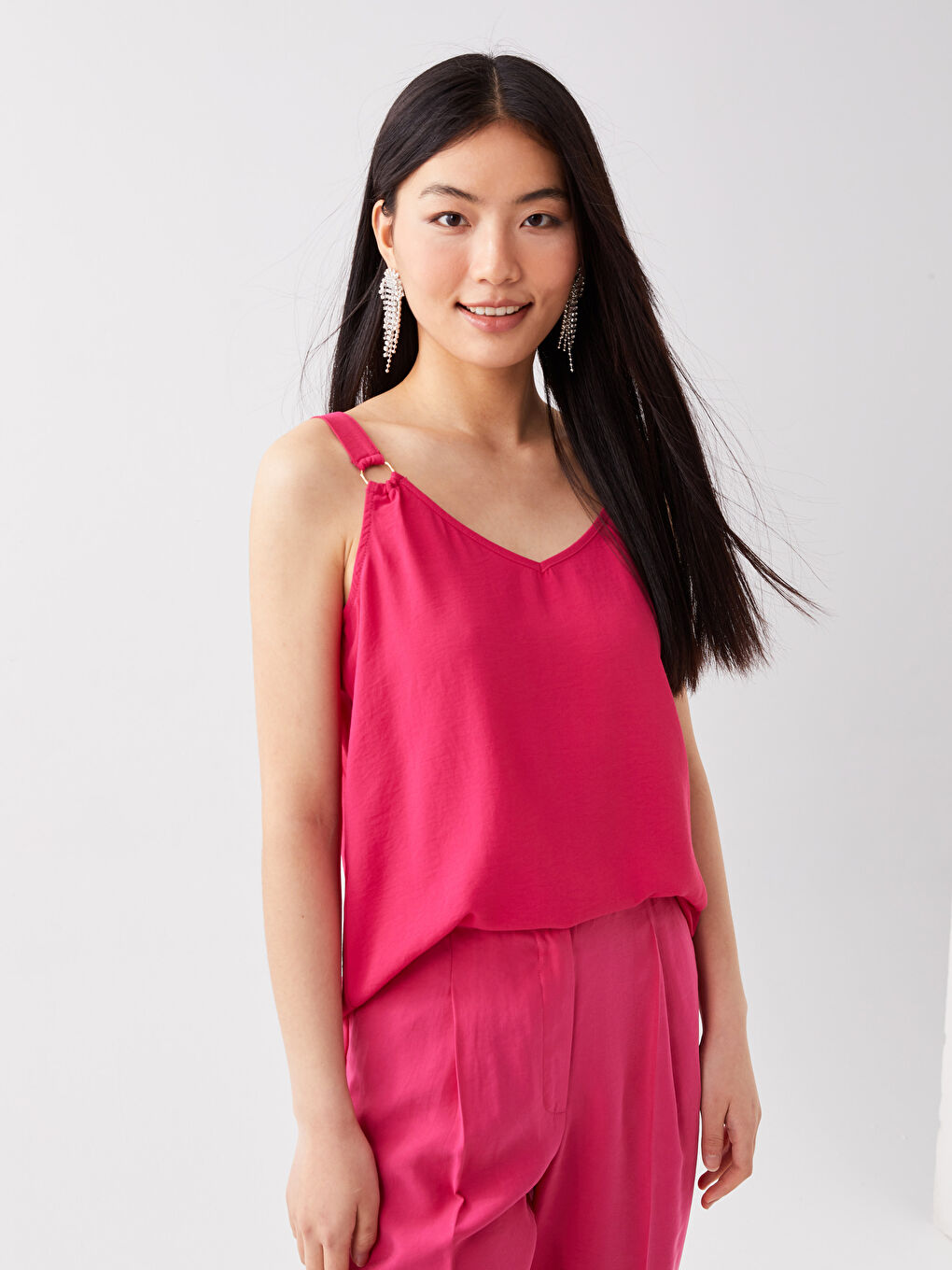 V Neck Plain Strappy Women's Blouse-1