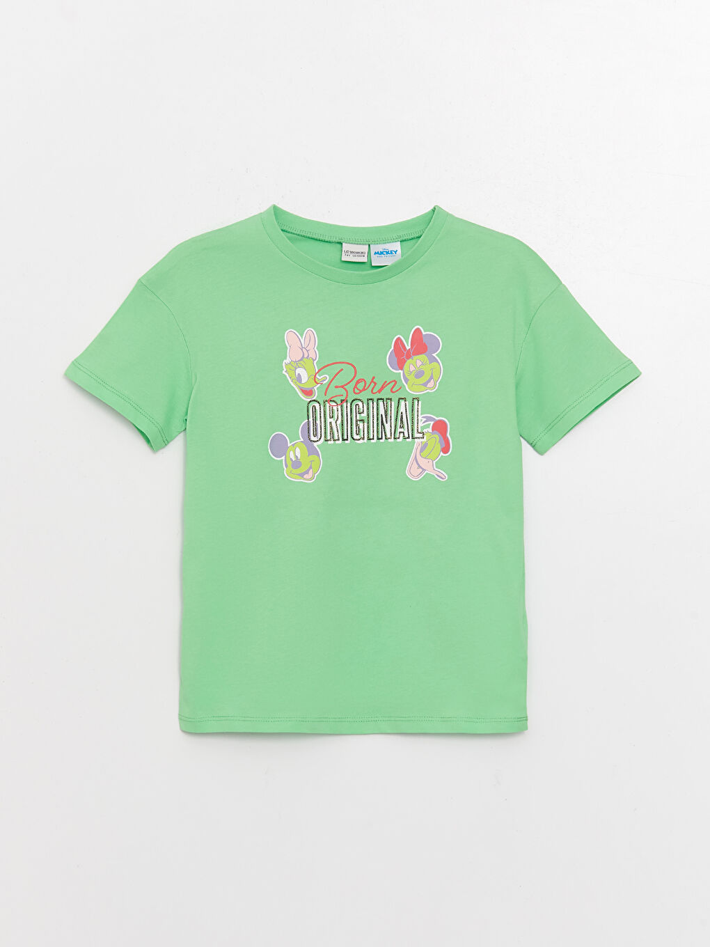Yeşil Bisiklet Yaka Minnie Mouse Baskılı Kısa Kollu Kız Çocuk Tişört