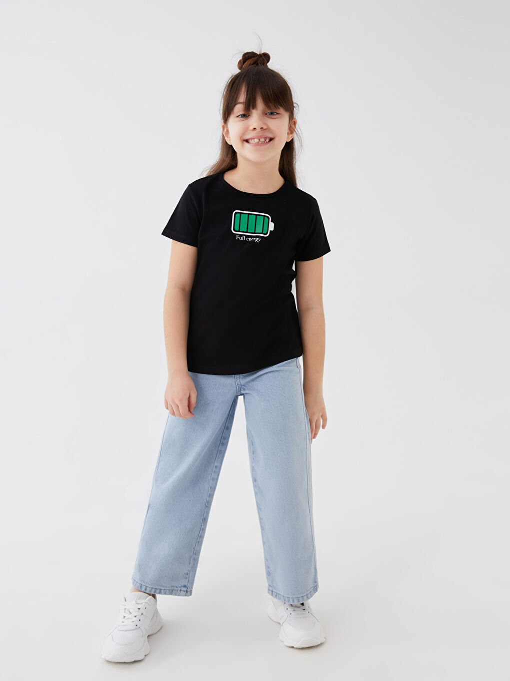 Siyah Bisiklet Yaka Baskılı Kısa Kollu Kız Çocuk Tişört Anne Kız Kombini-2