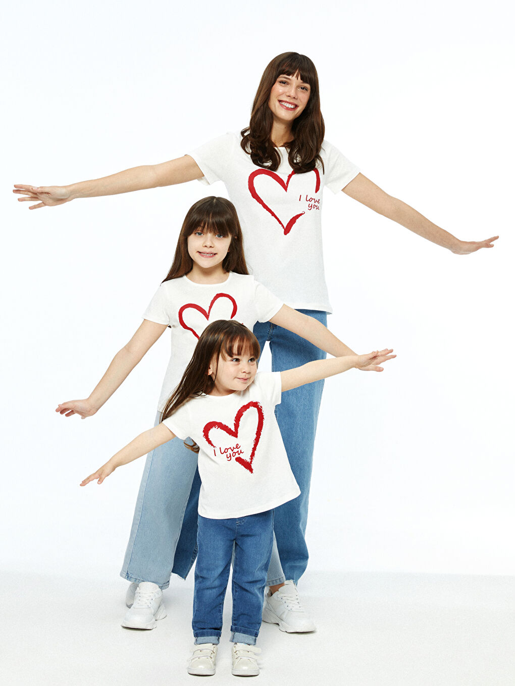 Ekru Bisiklet Yaka Kısa Kollu Baskılı Kız Bebek Tişört Anne Kız Kombini