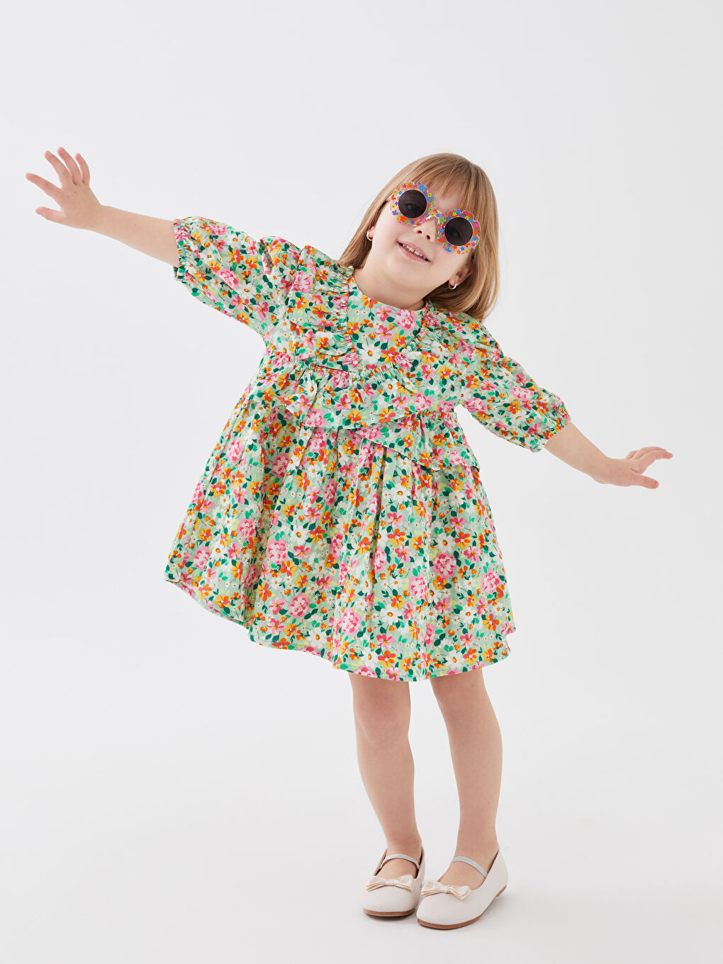 Crew Neck Patterned Baby Girls' Dress-1