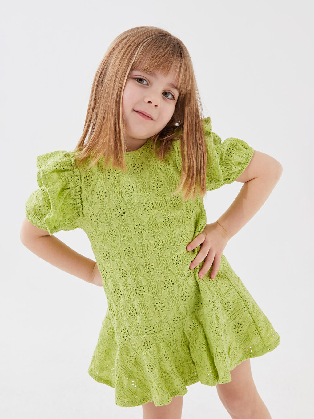 Yeşil Bisiklet Yaka Kısa Kollu Kız Bebek Elbise